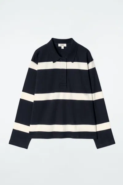 Cos Relaxed Striped Long-sleeved Polo Shirt In Blue