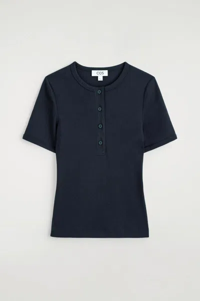 Cos Ribbed Henley T-shirt In Blue