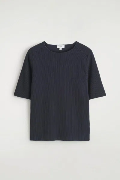 Cos Ribbed-knit Boat-neck T-shirt In Navy In Blue
