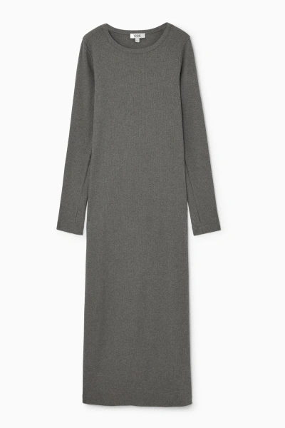 Cos Ribbed Long-sleeved Midi Dress In Grey