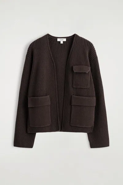 Cos Ribbed Merino Wool Utility Cardigan In Brown