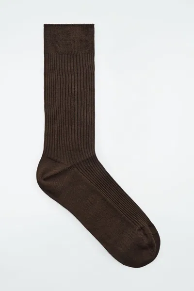 Cos Ribbed Silk Socks In Brown
