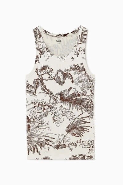 Cos Geripptes Tanktop In Creme/braun/florales Motiv