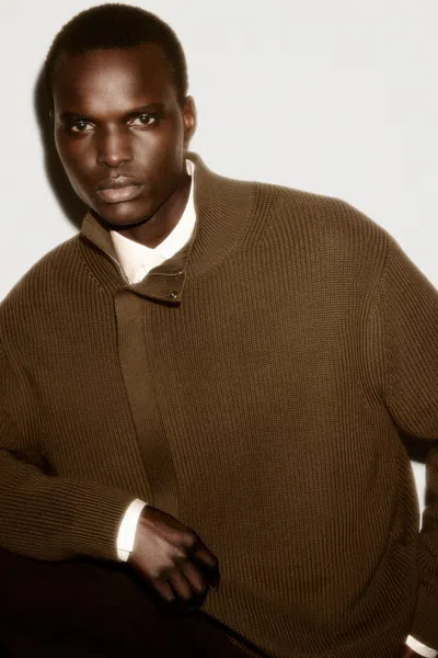 Cos Ribbed Wool Funnel-neck Jacket In Brown