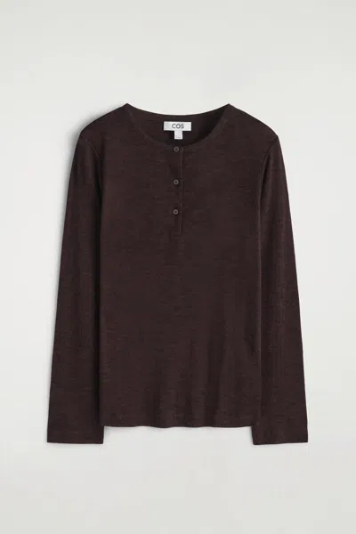 Cos Ribbed Wool Henley Top In Brown