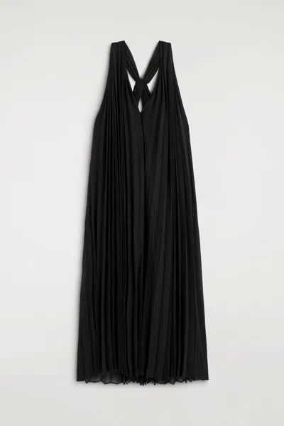 Cos Robe Longue En Georgette Plissée Encolure À Nouer In Black