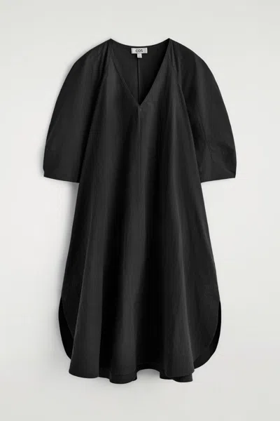 Cos Rounded V-neck Cotton Midi Dress In Black