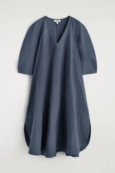 Cos Rounded V-neck Cotton Midi Dress In Blue