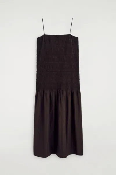 Cos Ruched Dropped-waist Poplin Midi Dress In Brown