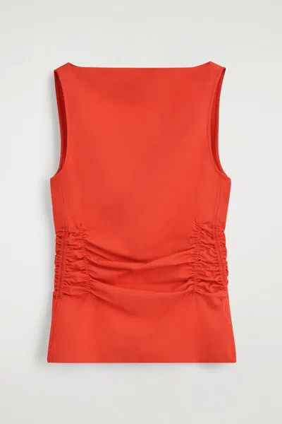 Cos Ruched-waist Cotton-jersey Tank Top In Brown