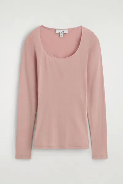Cos Satin-trimmed Cotton Jersey Long-sleeved Top In Pink