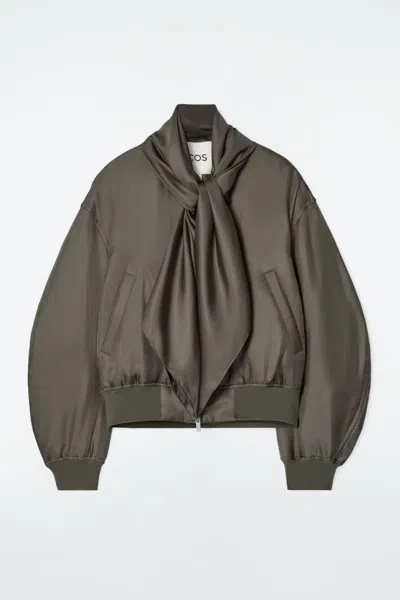 Cos Scarf-detail Padded Silk Bomber Jacket In Grey