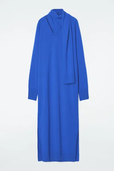 Cos Scarf-detail Wool Maxi Dress In Blue