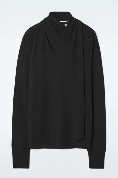 Cos Scarf-detail Wool Turtleneck Jumper In Black