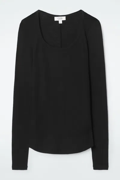 Cos Scoop-neck Merino Wool Long-sleeved Top In Black