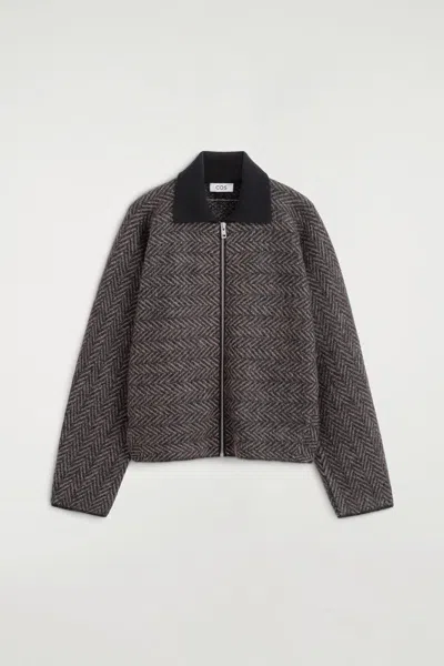 Cos Sculpted Wool-herringbone Zip-up Jacket In Black