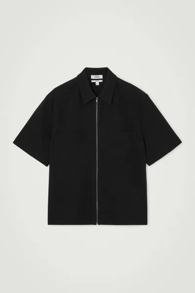 Cos Seersucker Zip-up Shirt In Black