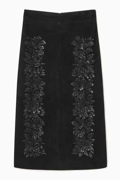 Cos Sequinned Suede Midi Skirt In Black