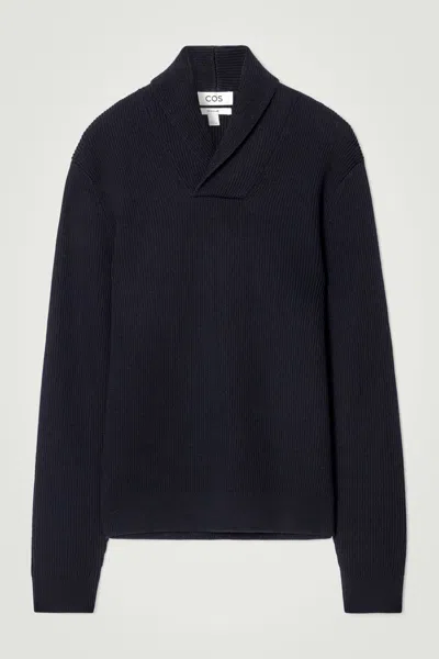 Cos Shawl-collar Ribbed Merino Wool Jumper In Blue