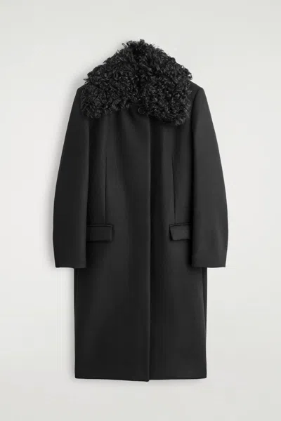 Cos Shearling-collar Wool Coat In Black