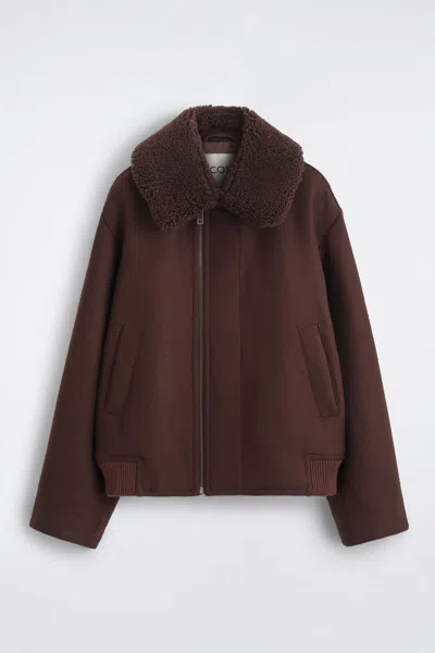 Cos Shearling-collar Wool Flight Jacket In Brown