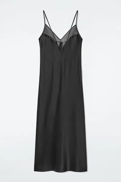 Cos Sheer-panel Silk Slip Dress In Black