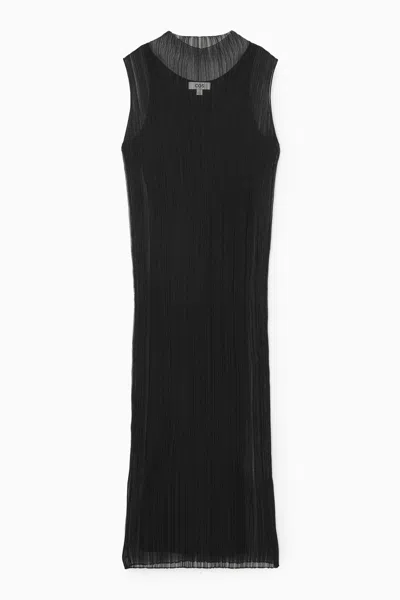 Cos Sheer Plissé Midi Dress In Black