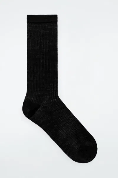 Cos Sheer Ribbed Wool Socks In Black