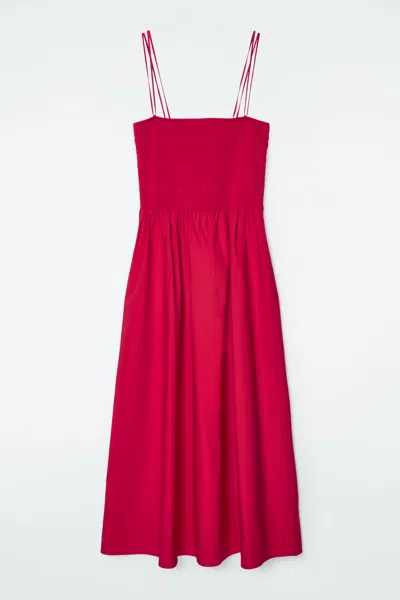 Cos Shirred Midi Dress In Red