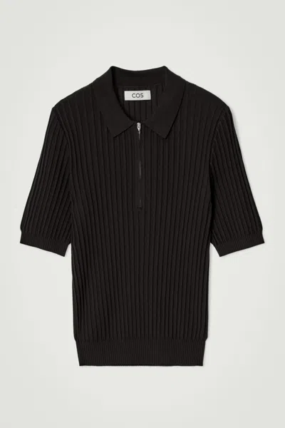 Cos Silk-cotton Zip-up Polo Shirt In Brown
