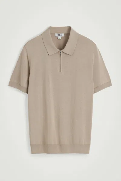 Cos Slim Knitted Silk Zip-up Polo Shirt In Beige