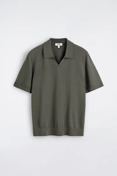 Cos Slim Open-collar Merino Wool Polo Shirt In Green