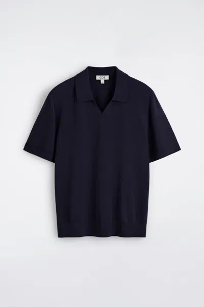 Cos Slim Open-collar Merino Wool Polo Shirt In Navy In Blue