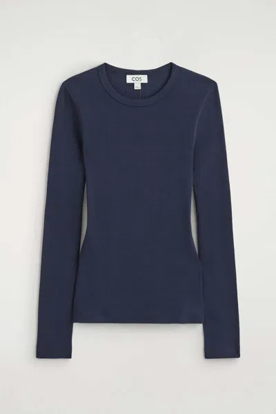 Cos Slim Ribbed Cotton Long-sleeved Top In Blue