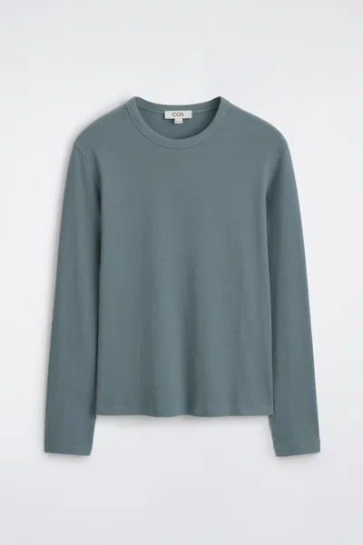 Cos Slim Ribbed Cotton Long-sleeved T-shirt In Turquoise In Gray