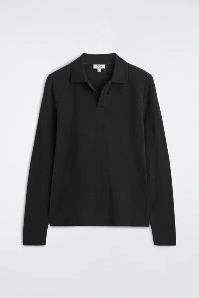 Cos Slim Wool-jersey Open-collar Polo Shirt In Nero