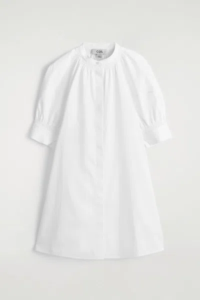 Cos Smocked Puff-sleeve Shirt Dress In White