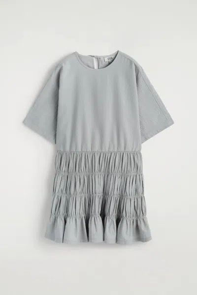 Cos Smocked Seersucker Mini Dress In Gray