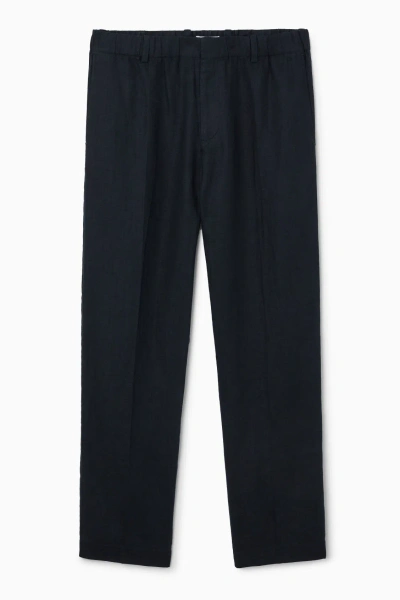 Cos Elasticated Linen Straight-leg Trousers In Blue