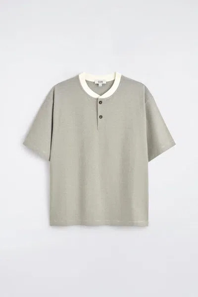 Cos Striped Cotton Henley T-shirt In White