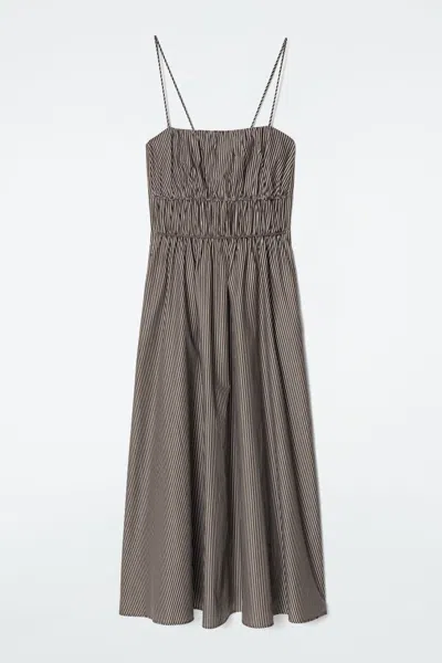 Cos Striped Gathered-waist Midi Dress In Orange