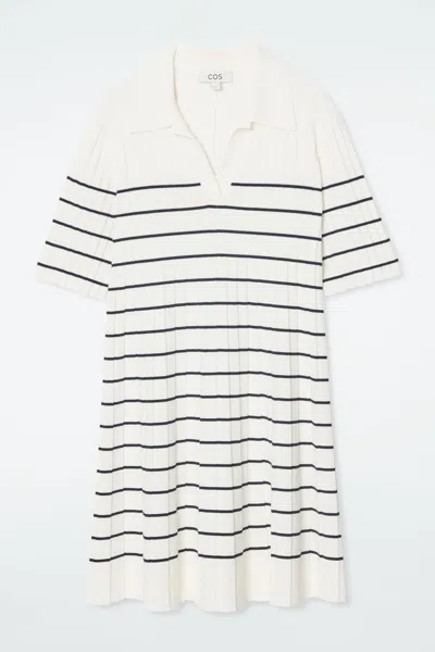 Cos Striped Knitted Mini Polo Dress In White