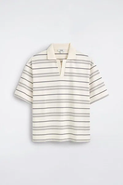 Cos Striped Open-collar Polo Shirt In White