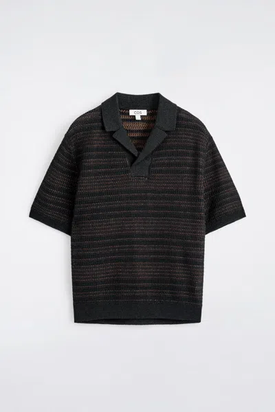 Cos Striped Open-knit Polo Shirt In Navy In Blue