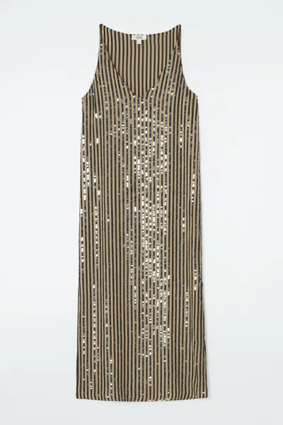 Cos Striped Sequinned Slip Dress In Black