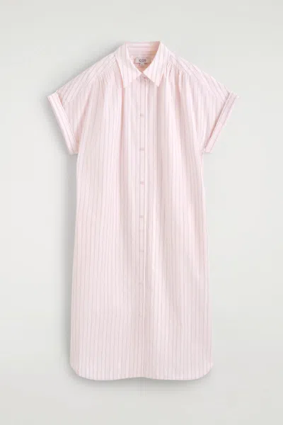 Cos Striped Short-sleeved Cotton Shirt Dress In Pink