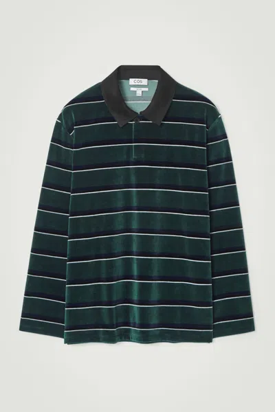 Cos Striped Velvet Long-sleeved Polo Shirt In Green