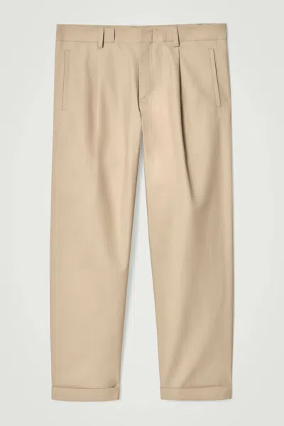 Cos Tapered Cotton Turn-up Trousers In Beige
