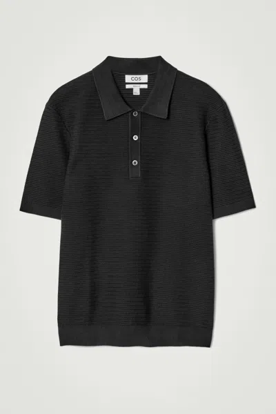 Cos Textured Knitted Cotton Polo Shirt In Black