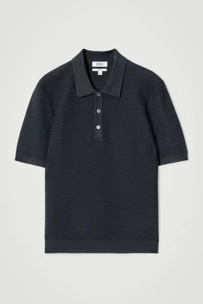 Cos Textured Knitted Cotton Polo Shirt In Blue